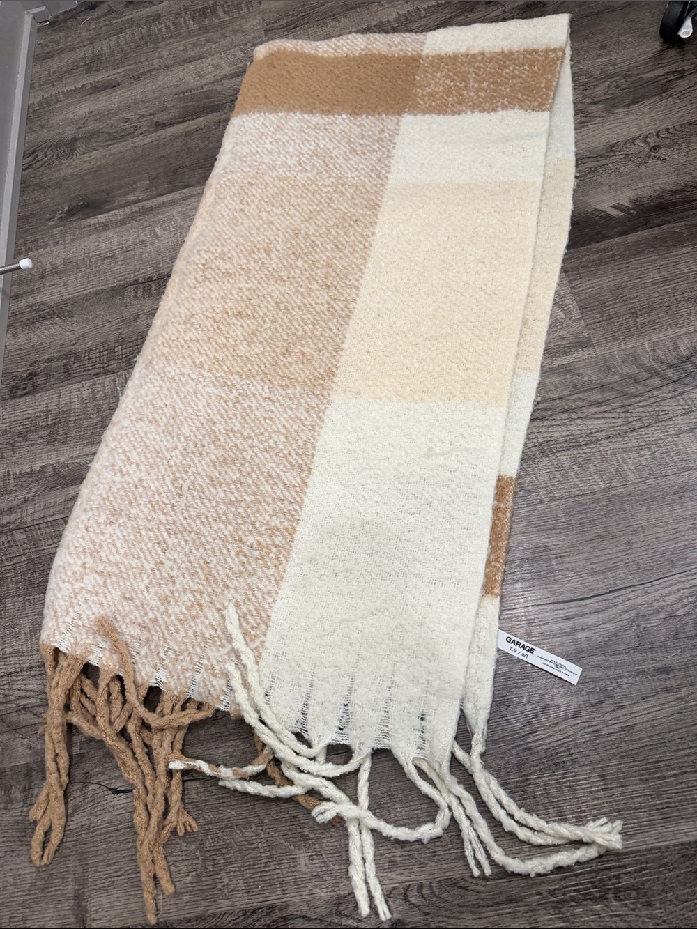 Garage Cream & Tan Plaid Scarf with Fringe
